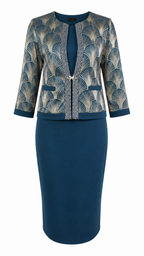 African Queen Teal Art Deco Fan Jacquard Jacket & Pencil Dress Set - Flat lay product view
