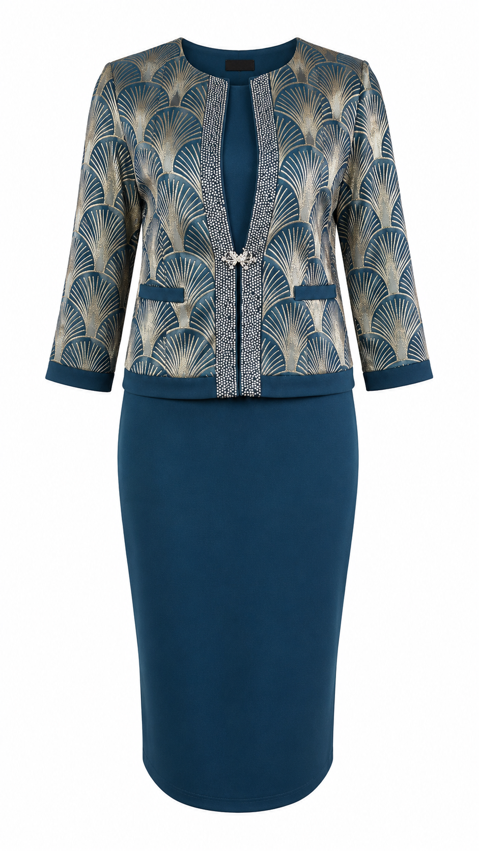 African Queen Teal Art Deco Fan Jacquard Jacket & Pencil Dress Set - Flat lay product view