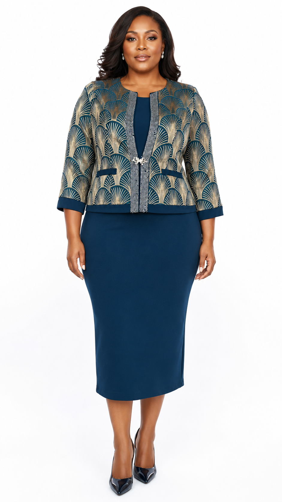 African Queen Teal Art Deco Fan Jacquard Jacket & Pencil Dress Set - Front model view