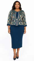 African Queen Teal Art Deco Fan Jacquard Jacket & Pencil Dress Set - Front model view