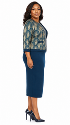 African Queen Teal Art Deco Fan Jacquard Jacket & Pencil Dress Set - Side model view