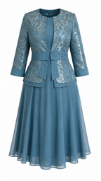 Dusty Blue Metallic Floral Lace Peplum Jacket & Chiffon A-Line Midi Dress Set - Flat lay product view