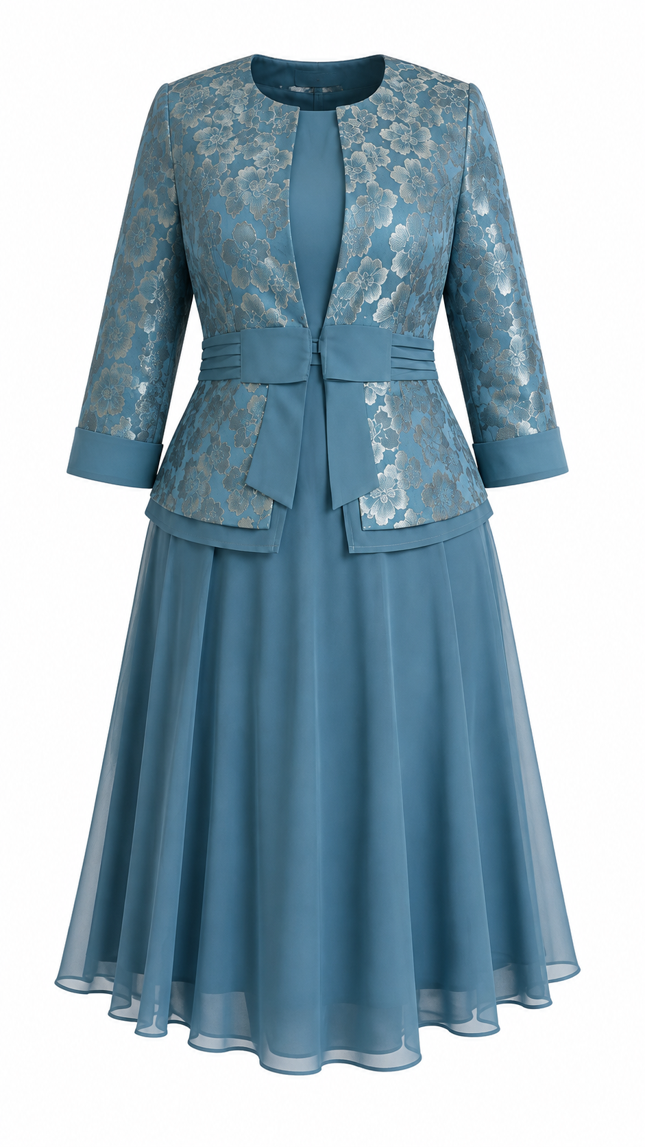 Dusty Blue Metallic Floral Lace Peplum Jacket & Chiffon A-Line Midi Dress Set - Flat lay product view