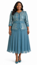Dusty Blue Metallic Floral Lace Peplum Jacket & Chiffon A-Line Midi Dress Set - Front model view