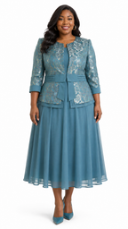 Dusty Blue Metallic Floral Lace Peplum Jacket & Chiffon A-Line Midi Dress Set - Front model view