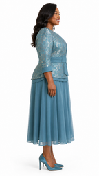 Dusty Blue Metallic Floral Lace Peplum Jacket & Chiffon A-Line Midi Dress Set - Side model view