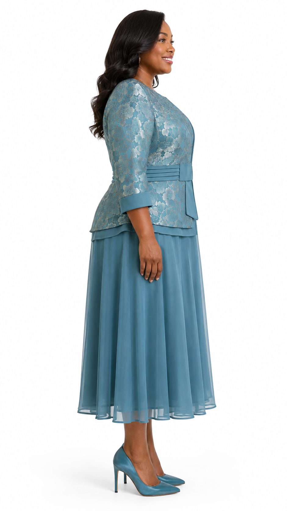 Dusty Blue Metallic Floral Lace Peplum Jacket & Chiffon A-Line Midi Dress Set - Side model view