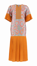 African Queen Orange Circle Print Rhinestone Bib Pleated Sleeve Midi Dress - Flat lay product view