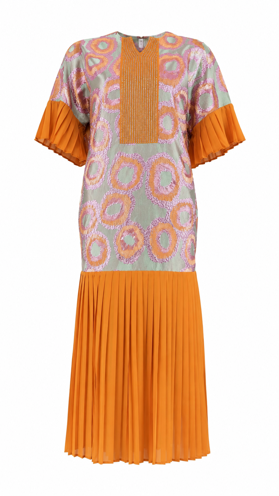 African Queen Orange Circle Print Rhinestone Bib Pleated Sleeve Midi Dress - Flat lay product view
