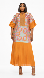 African Queen Orange Circle Print Rhinestone Bib Pleated Sleeve Midi Dress - Front model view