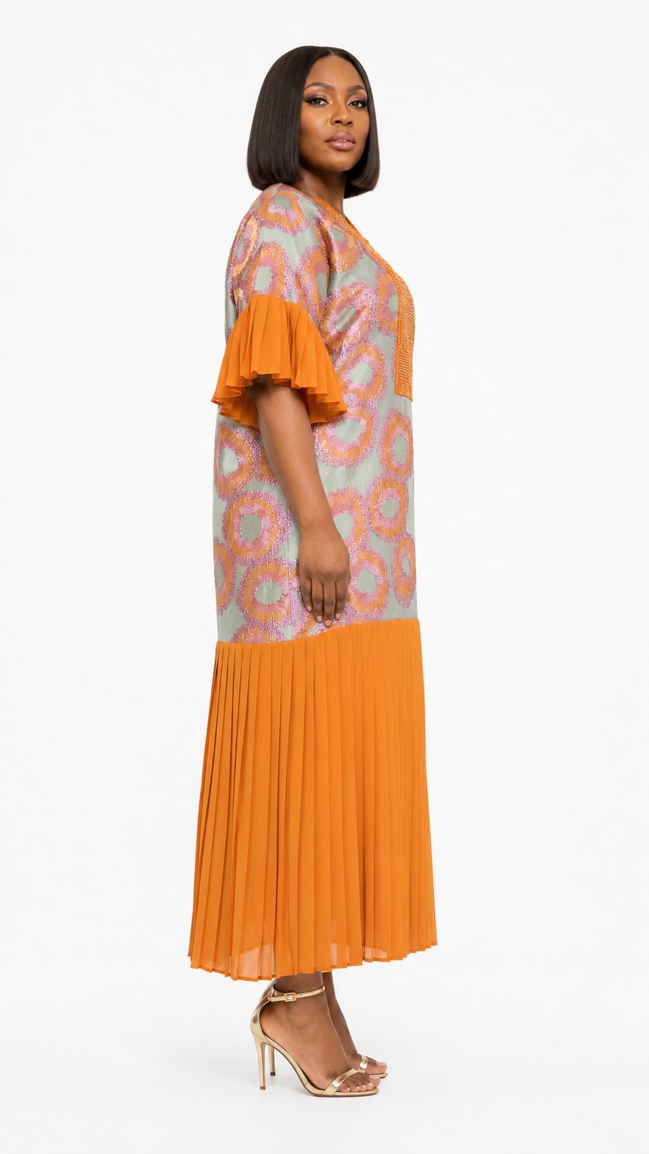 African Queen Orange Circle Print Rhinestone Bib Pleated Sleeve Midi Dress - Side model view