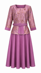 African Queen Wisteria Gold Floral Jacquard Belted Jacket & Flare Maxi Skirt Set - Flat lay product view