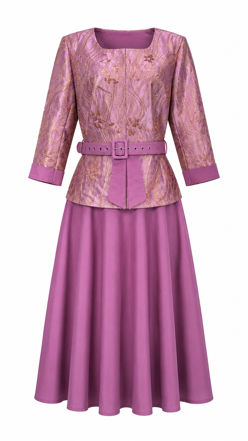 African Queen Wisteria Gold Floral Jacquard Belted Jacket & Flare Maxi Skirt Set - Flat lay product view