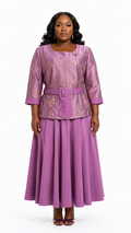 African Queen Wisteria Gold Floral Jacquard Belted Jacket & Flare Maxi Skirt Set - Front model view