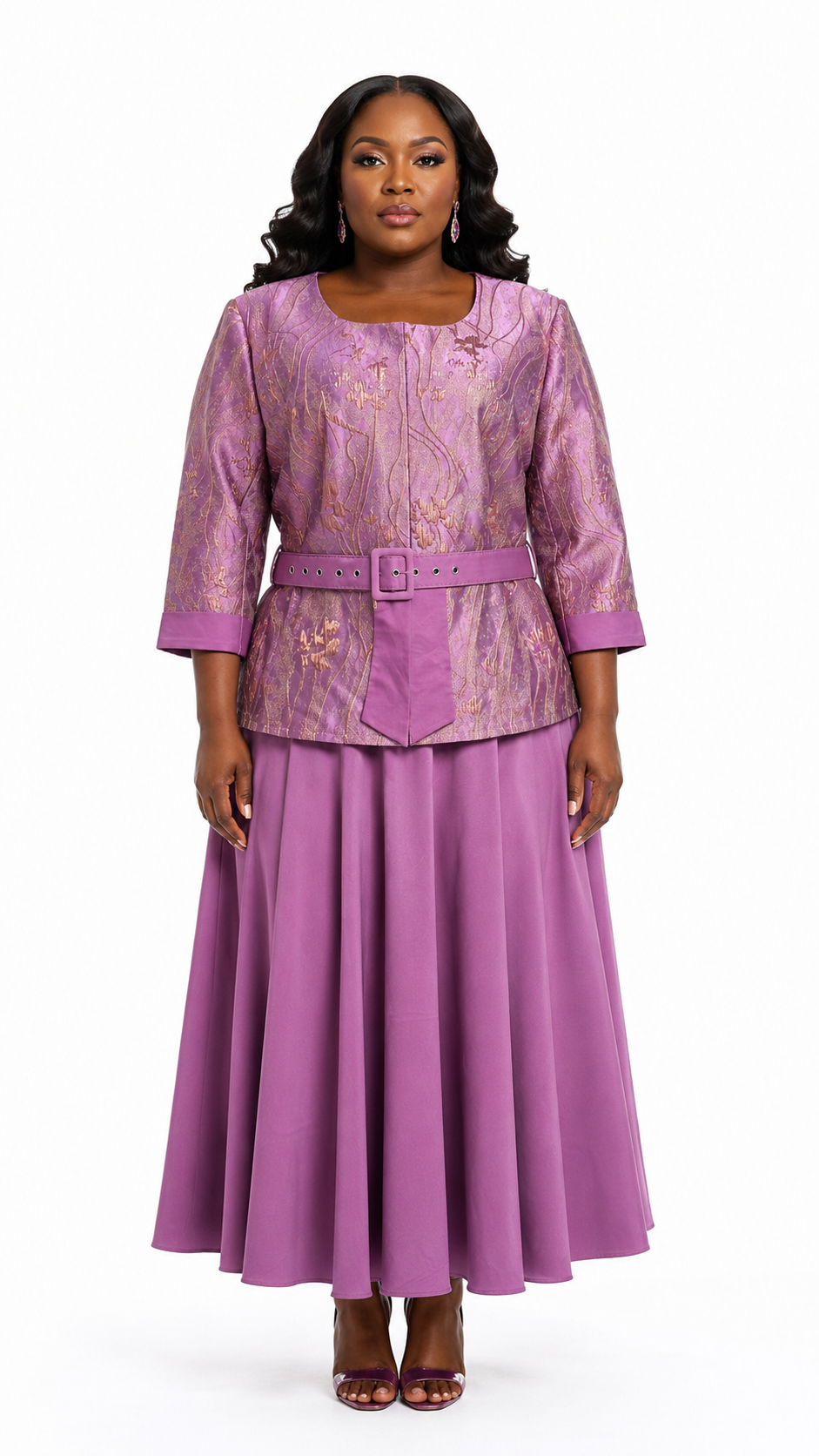 African Queen Wisteria Gold Floral Jacquard Belted Jacket & Flare Maxi Skirt Set - Front model view