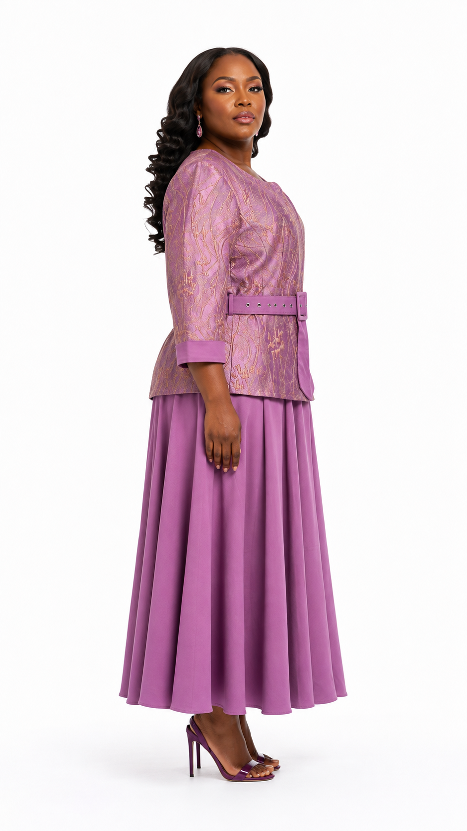African Queen Wisteria Gold Floral Jacquard Belted Jacket & Flare Maxi Skirt Set - Side model view