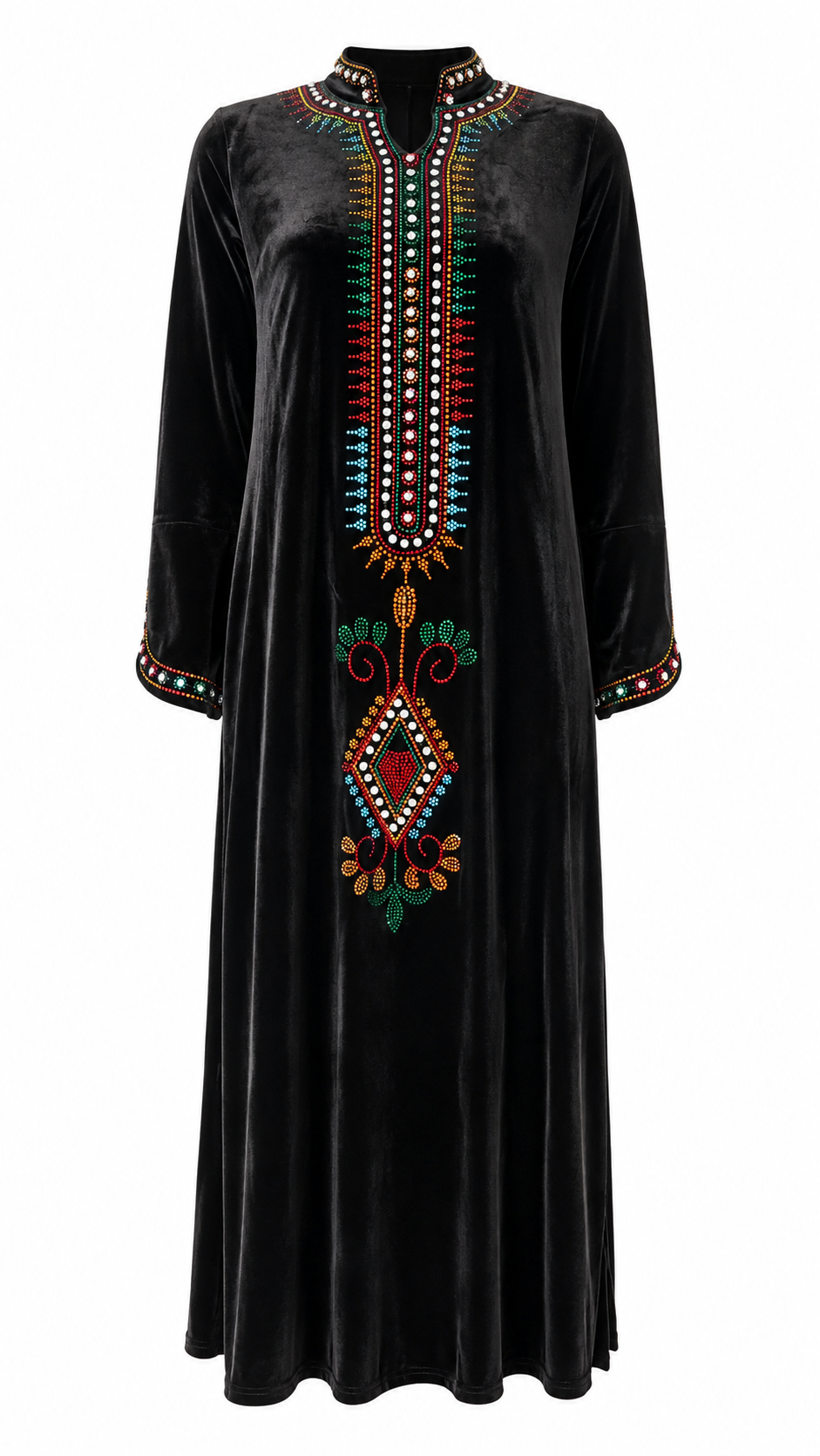 African Queen Black Velvet Multicolor Tribal Beaded Kaftan Maxi Dress - Flat lay product view