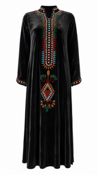 African Queen Black Velvet Multicolor Tribal Beaded Kaftan Maxi Dress - Flat lay product view