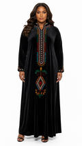 African Queen Black Velvet Multicolor Tribal Beaded Kaftan Maxi Dress - Front model view