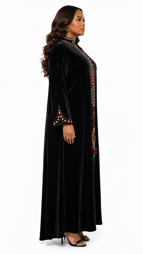 African Queen Black Velvet Multicolor Tribal Beaded Kaftan Maxi Dress - Side model view