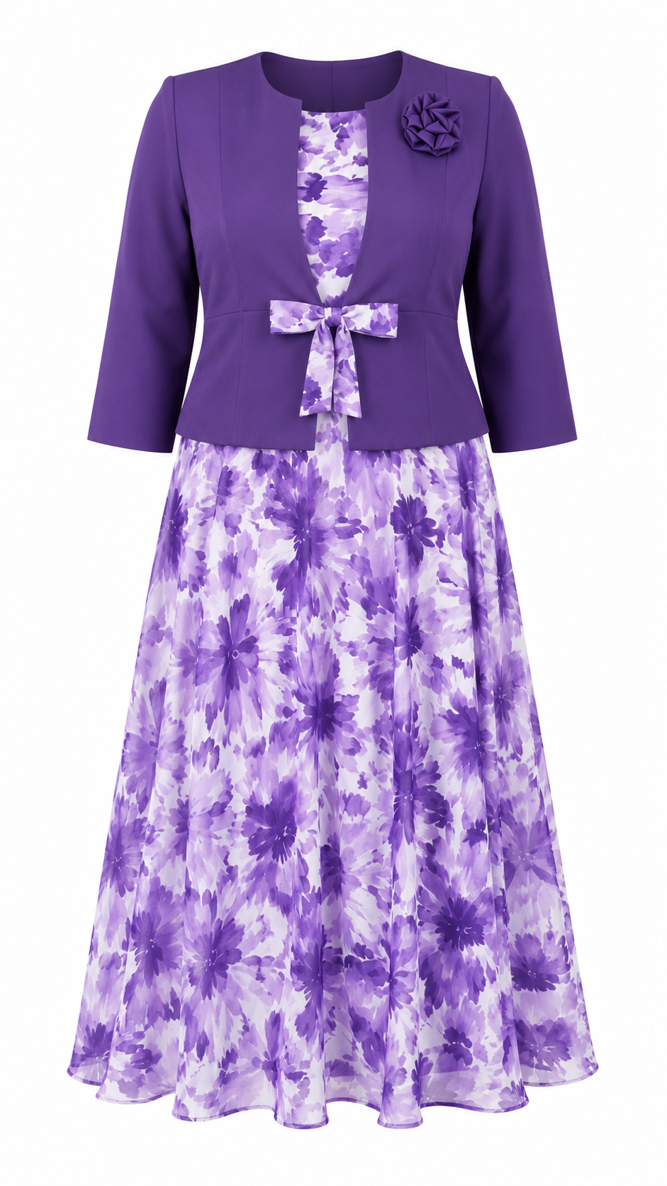 Purple Rose Corsage Bow-Tie Jacket & Watercolor Floral Chiffon A-Line Dress Set - Flat lay product view