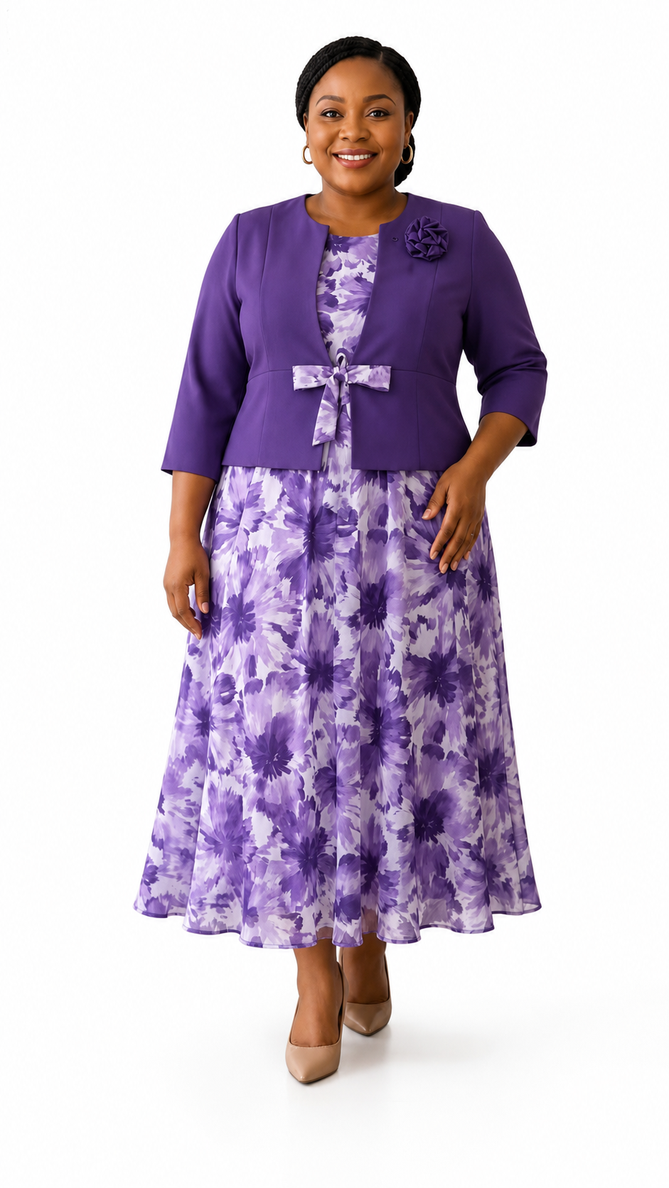 Purple Rose Corsage Bow-Tie Jacket & Watercolor Floral Chiffon A-Line Dress Set - Front model view