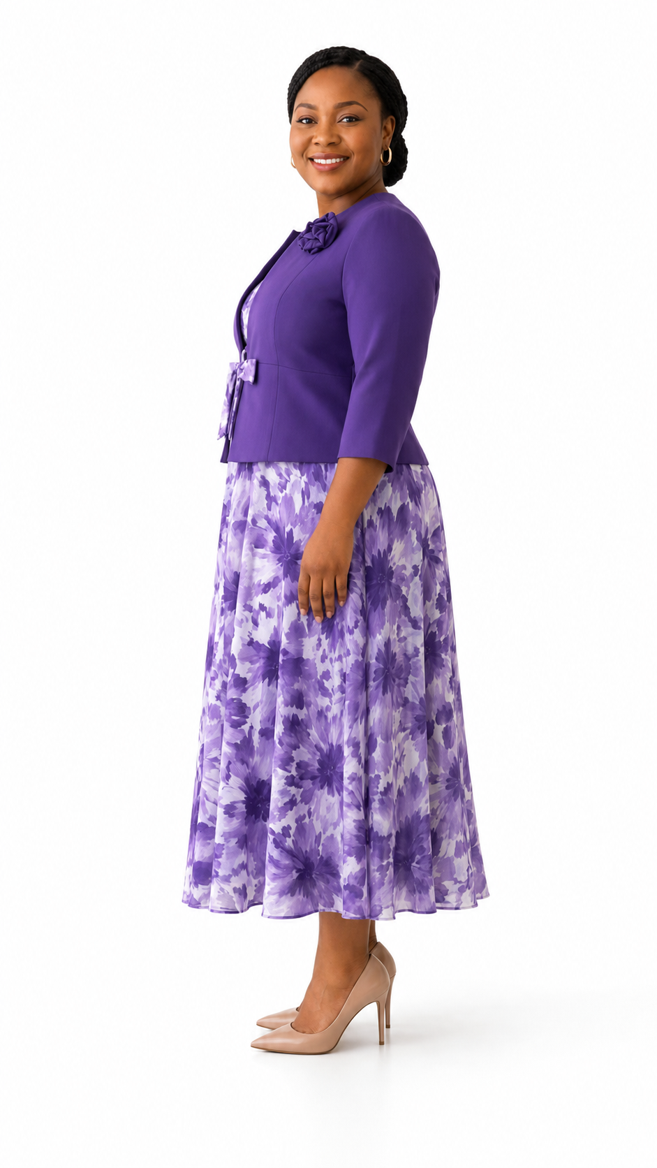 Purple Rose Corsage Bow-Tie Jacket & Watercolor Floral Chiffon A-Line Dress Set - Side model view
