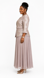 Blush Taupe Art Deco Fan Jacquard Belted Jacket & Chiffon Flare Maxi Dress Set - Side model view