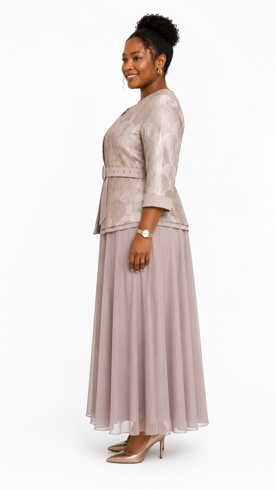 Blush Taupe Art Deco Fan Jacquard Belted Jacket & Chiffon Flare Maxi Dress Set - Side model view