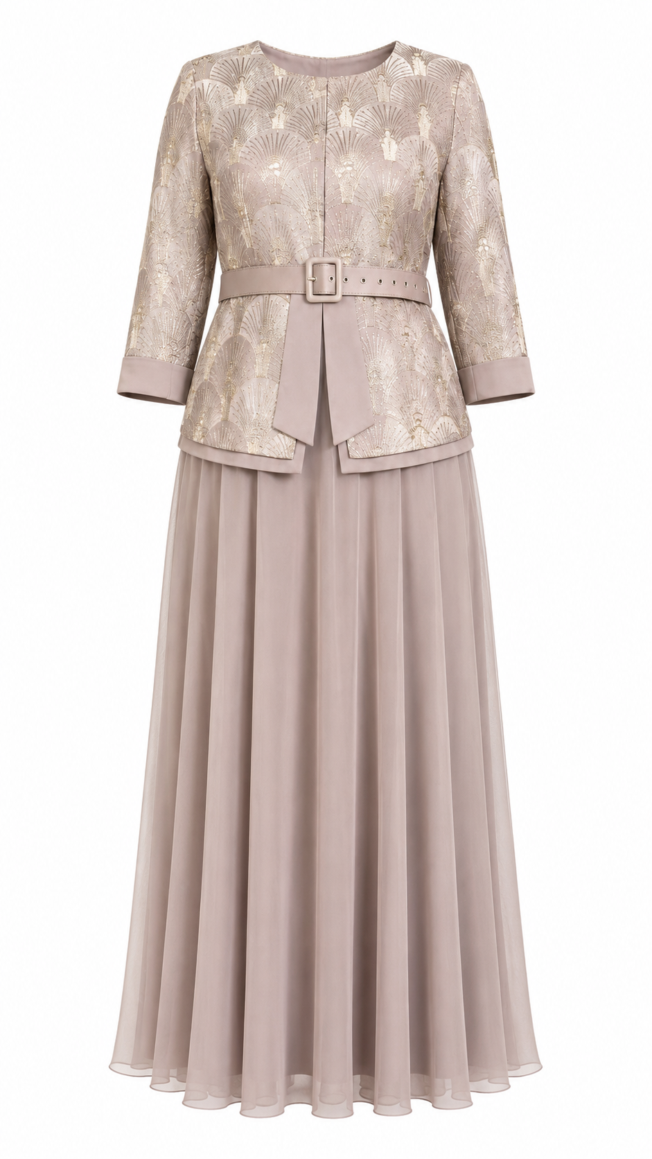 Blush Taupe Art Deco Fan Jacquard Belted Jacket & Chiffon Flare Maxi Dress Set - Flat lay product view