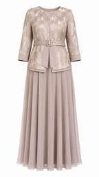 Blush Taupe Art Deco Fan Jacquard Belted Jacket & Chiffon Flare Maxi Dress Set - Flat lay product view