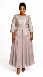 Blush Taupe Art Deco Fan Jacquard Belted Jacket & Chiffon Flare Maxi Dress Set - Front model view