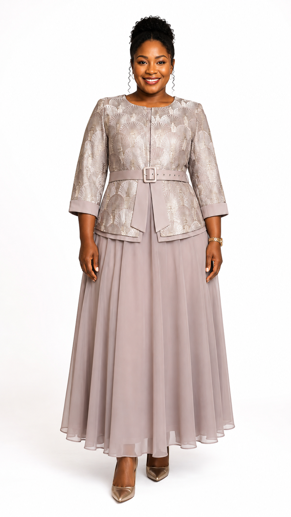 Blush Taupe Art Deco Fan Jacquard Belted Jacket & Chiffon Flare Maxi Dress Set - Front model view