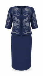 Navy Rhinestone Floral Outline Jacket & Pencil Dress Set - Flat lay product view