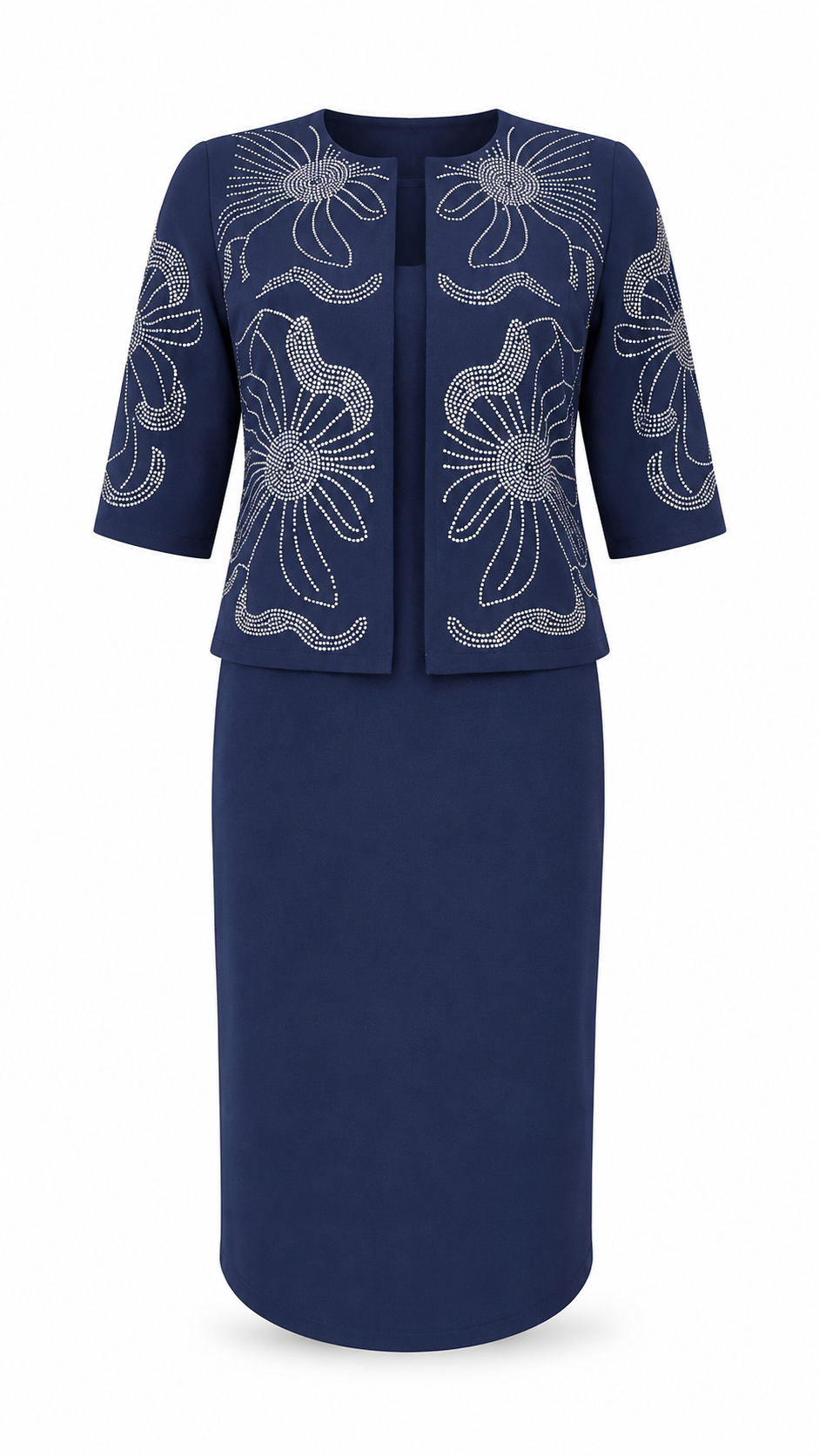 Navy Rhinestone Floral Outline Jacket & Pencil Dress Set - Flat lay product view