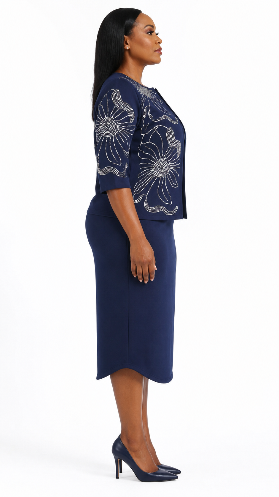 Navy Rhinestone Floral Outline Jacket & Pencil Dress Set - Side model view