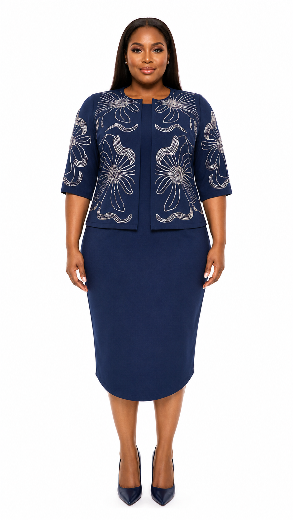 Navy Rhinestone Floral Outline Jacket & Pencil Dress Set - Front model view
