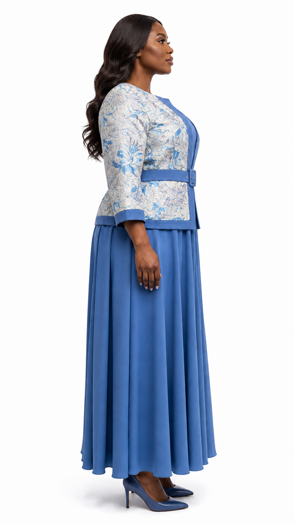 Steel Blue Floral Jacquard Belted Jacket & Full Flare Maxi Dress Set - Side model view