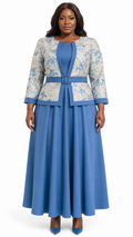 Steel Blue Floral Jacquard Belted Jacket & Full Flare Maxi Dress Set - Front model view