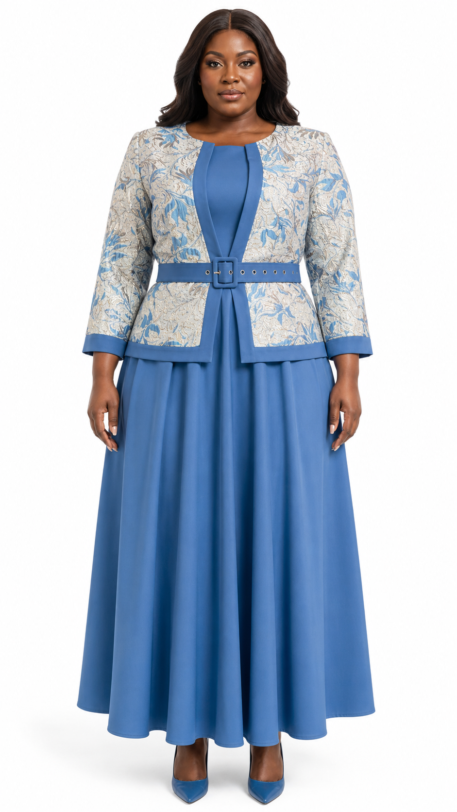Steel Blue Floral Jacquard Belted Jacket & Full Flare Maxi Dress Set - Front model view