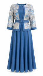 Steel Blue Floral Jacquard Belted Jacket & Full Flare Maxi Dress Set - Flat lay product view