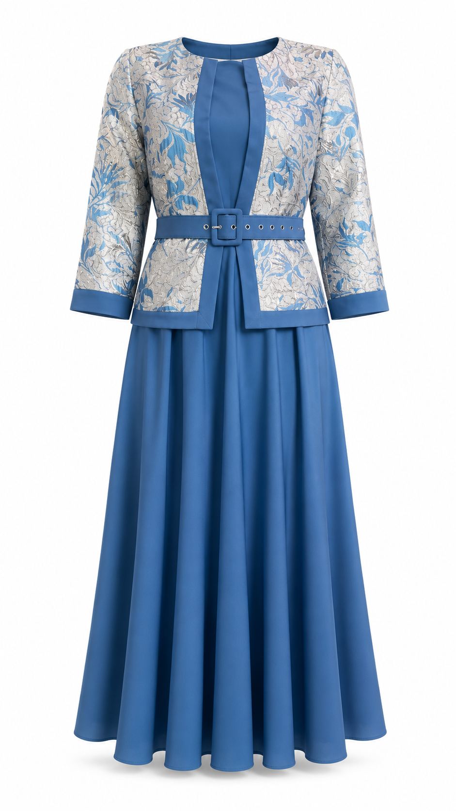 Steel Blue Floral Jacquard Belted Jacket & Full Flare Maxi Dress Set - Flat lay product view