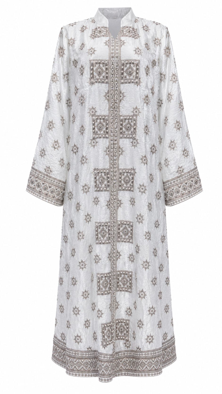 White Star Print Geometric Beaded Panel Kaftan Maxi Dress - Flat lay product view
