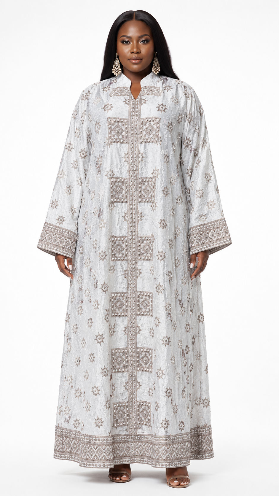 White Star Print Geometric Beaded Panel Kaftan Maxi Dress - Front model view