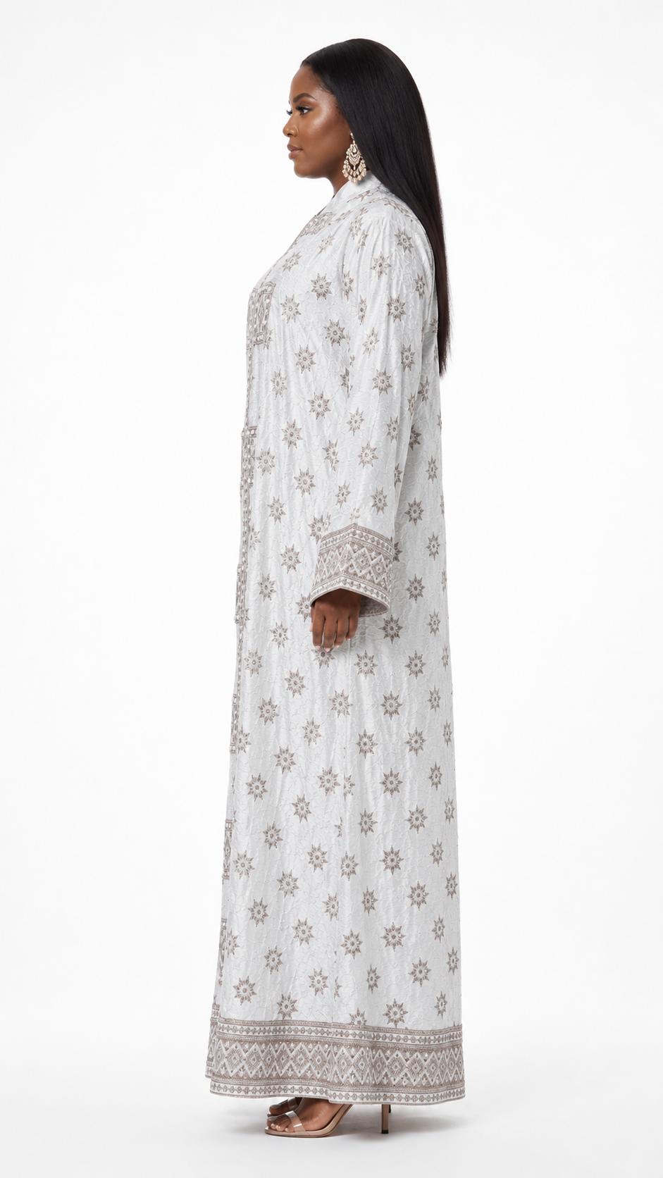 White Star Print Geometric Beaded Panel Kaftan Maxi Dress - Side model view