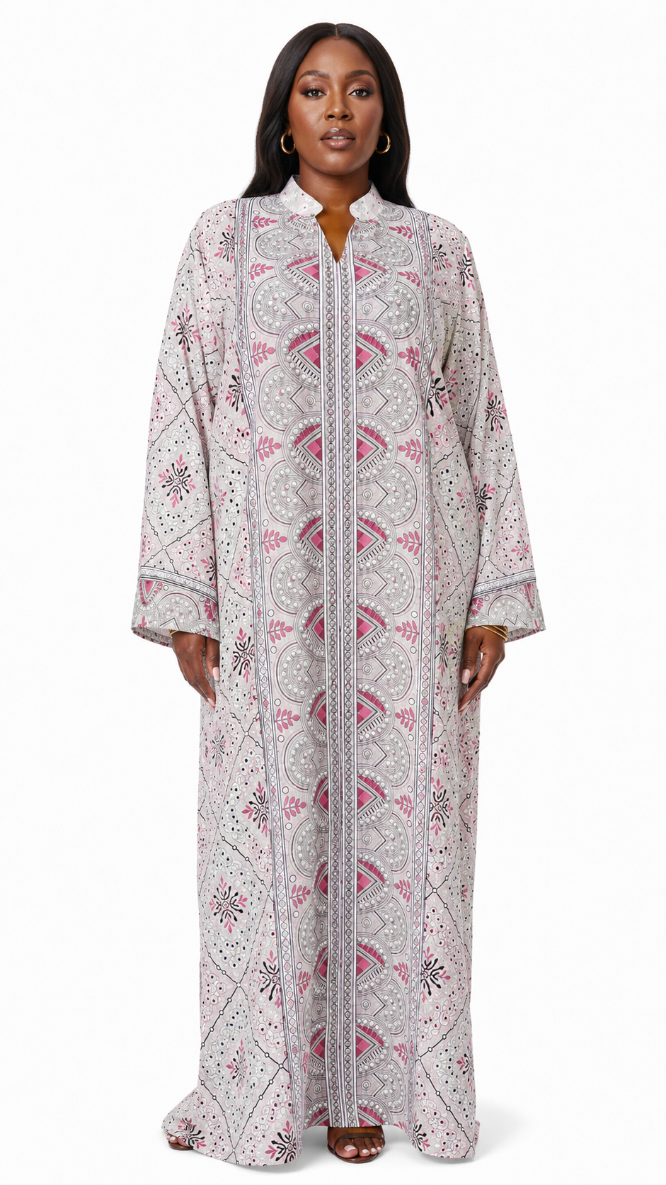 Blush Paisley Medallion Geometric Print Kaftan Maxi Dress - Front model view