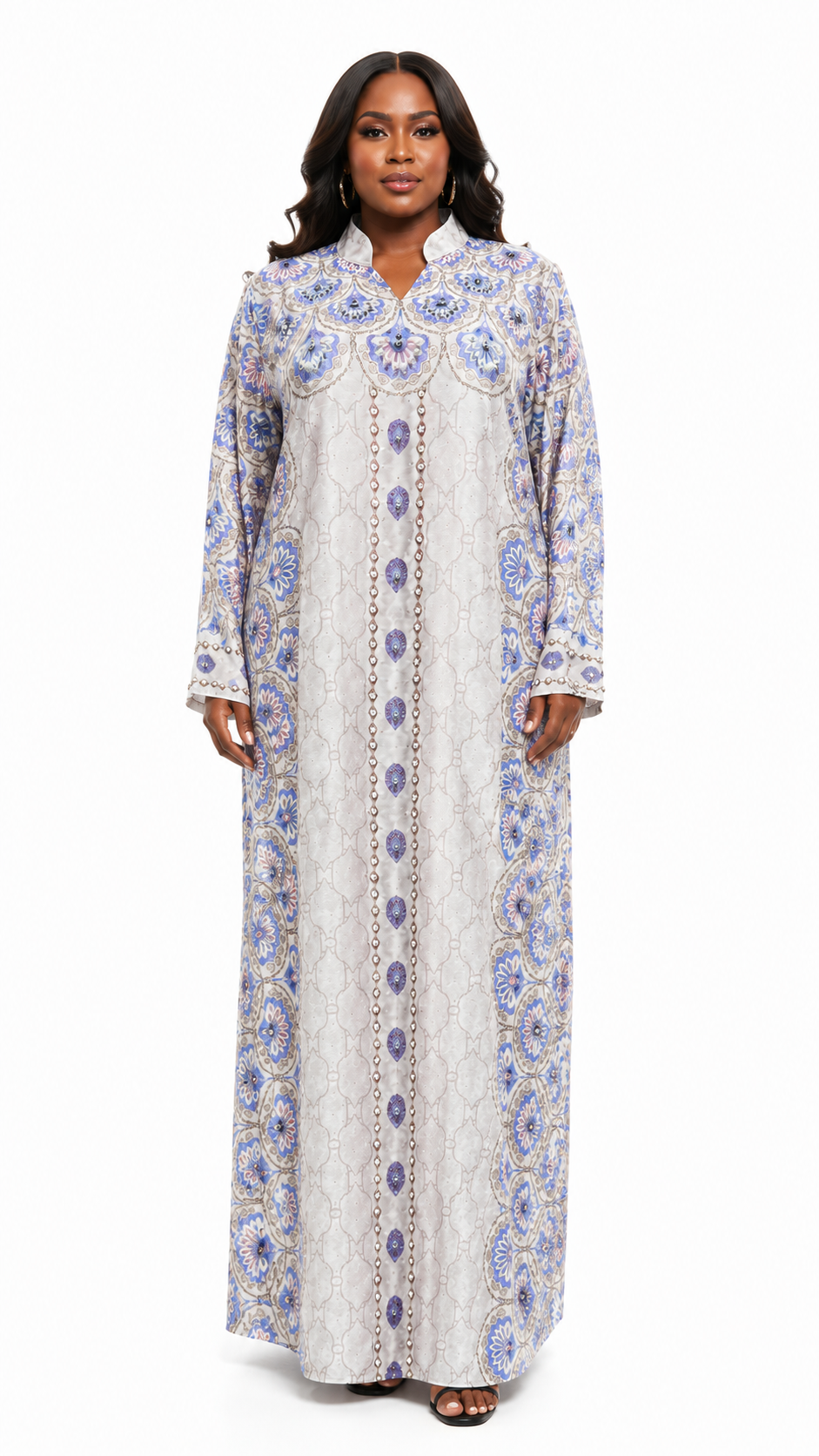 White & Periwinkle Floral Medallion Pearl Chain Placket Kaftan Maxi Dress - Front model view