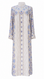 White & Periwinkle Floral Medallion Pearl Chain Placket Kaftan Maxi Dress - Flat lay product view