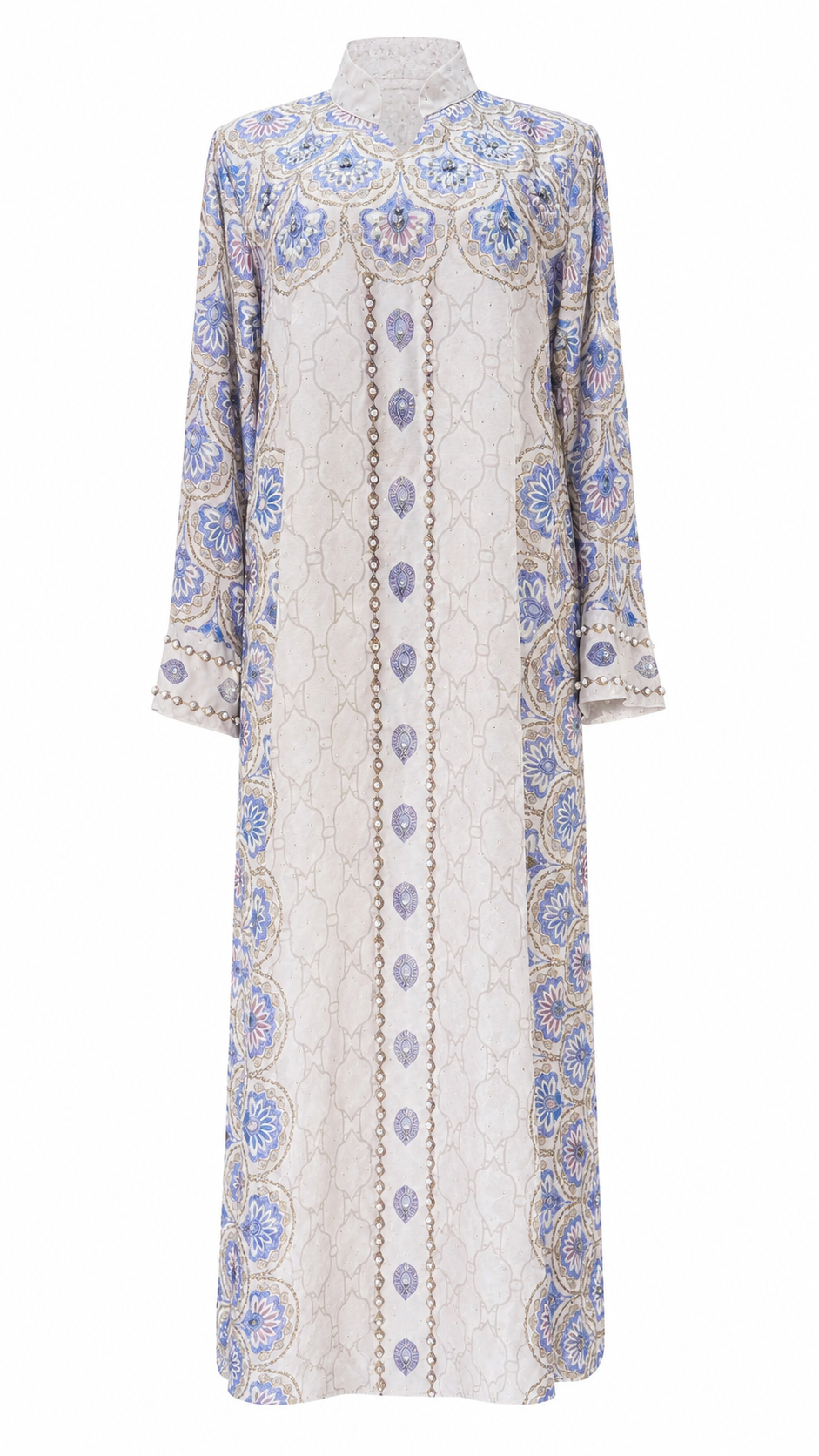 White & Periwinkle Floral Medallion Pearl Chain Placket Kaftan Maxi Dress - Flat lay product view