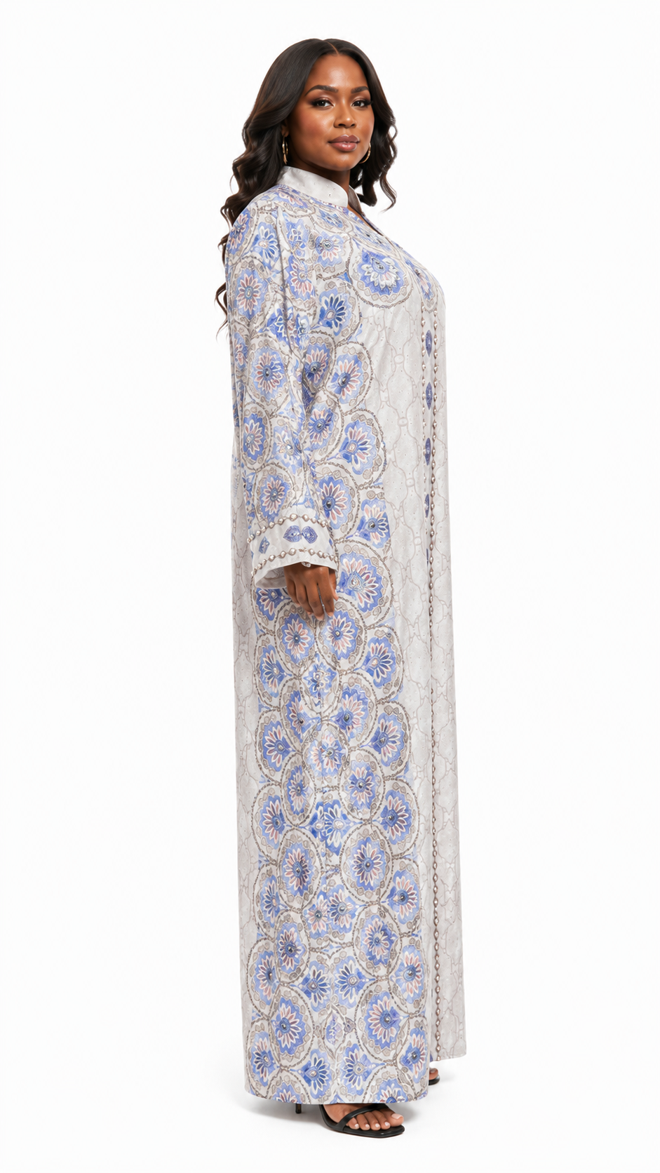 White & Periwinkle Floral Medallion Pearl Chain Placket Kaftan Maxi Dress - Side model view